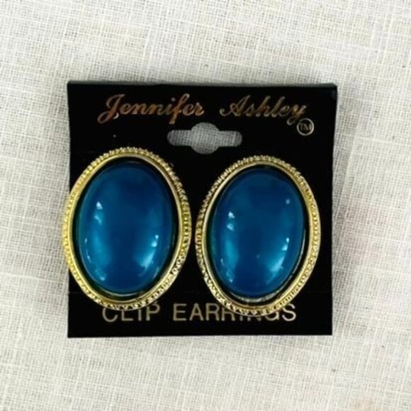 Vintage Jennifer Ashley Blue and Gold Tone Clip-On Earrings - Picture 3 of 7